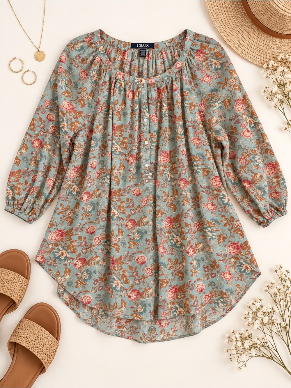 CHAPS Floral Boho Peasant Tunic Blouse Size 2X Blue Pink Cotton Viscose